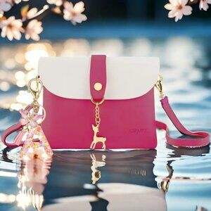 Pink and Cream Mini Crossbody Bag with Deer Keychain NWT
